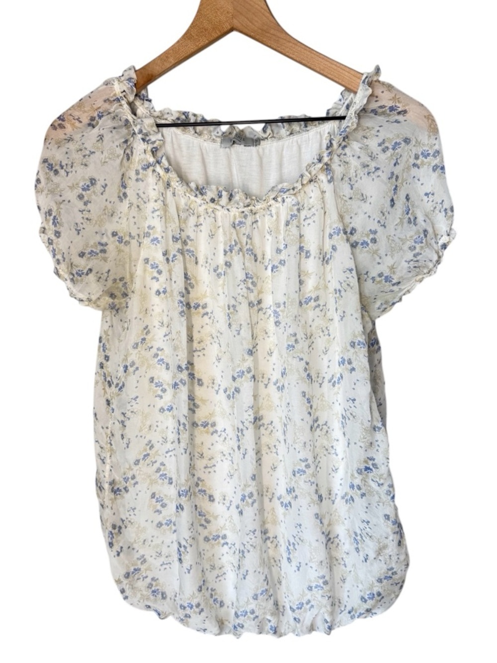 TENDENZE Italy White 100% Silk Floral Short Sleeve Blouson Peasant Top Sz M